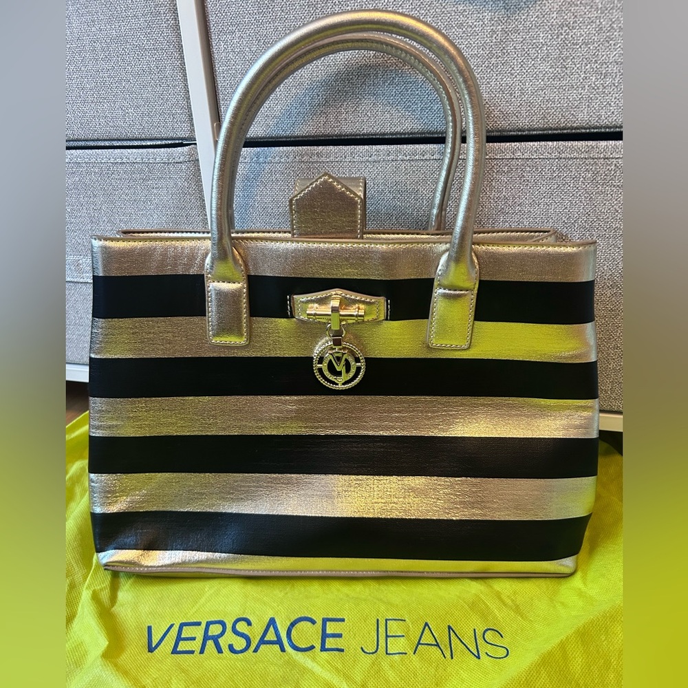 Versace Jeans Couture Gold & Black Striped Tote Bag – Brand New with Dust Bag ✨